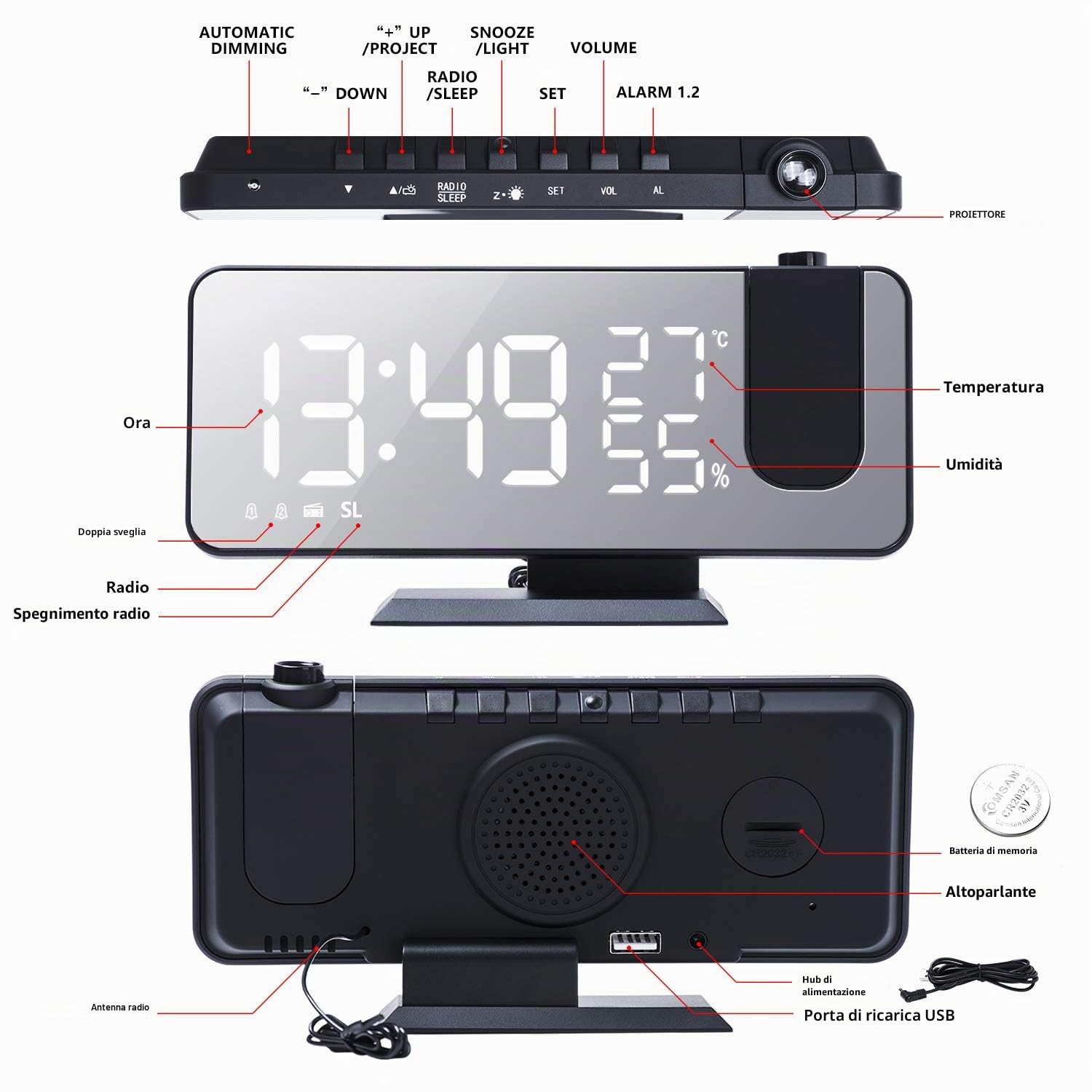 ThreeH Sveglia a Proiezione per Camera da Letto Ampio Display a Specchio LED 7,4'' con Ricarica USB Ruotabile 180° Nero-Bianco