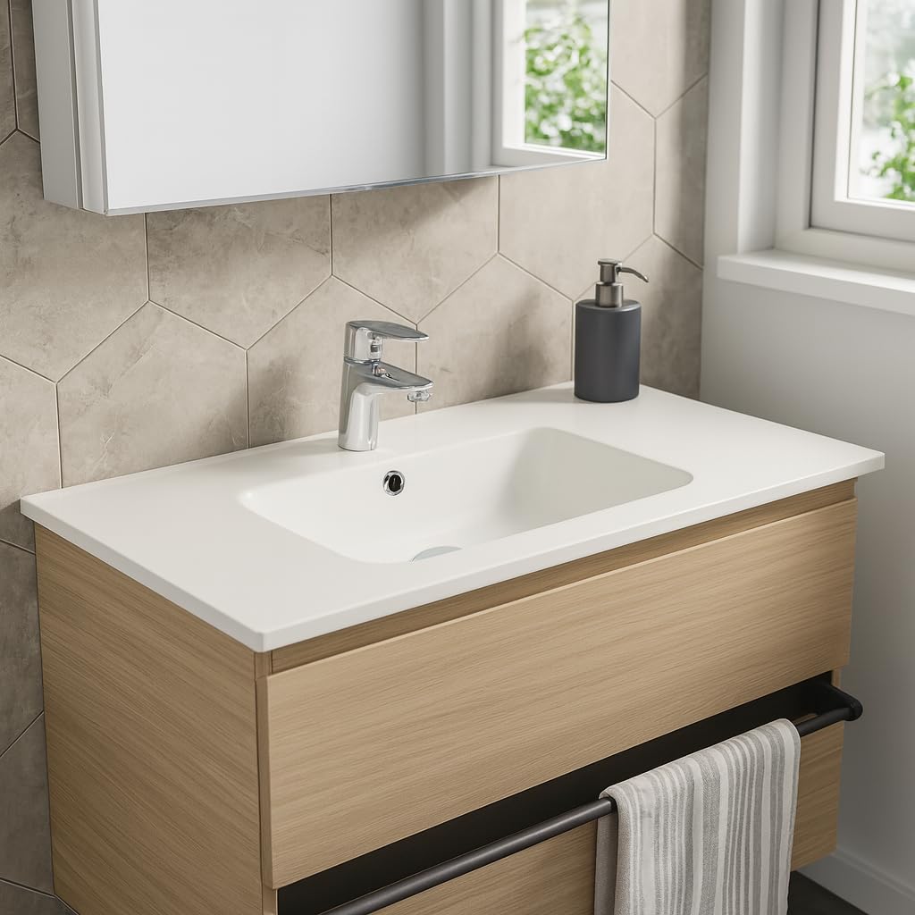 BRICOZONE Lavabo Da Incasso Rettangolare In Ceramica Bianca Lucida Cm Installazione Sopra O Sottopiano Design Moderno Con Foro Monoforo E Troppopieno Per Bagni Eleganti E Top Su Misura (71 x 46 Cm)