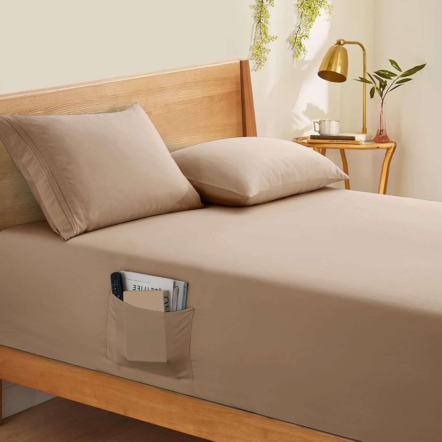 Horbaunal Extra Deep Pocket Queen Fitted Sheet Only - Fits Up to 24 Inch Mattress - Luxury 1800 Thread Count - Microfiber Taupe Fitted Bed Sheet Queen Size Queen Taupe