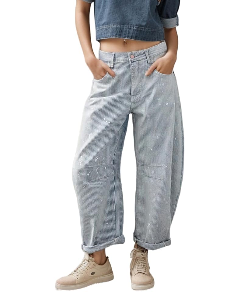 Kedera Women Stripe Barrel Jeans Casual Denim Jeans Loose