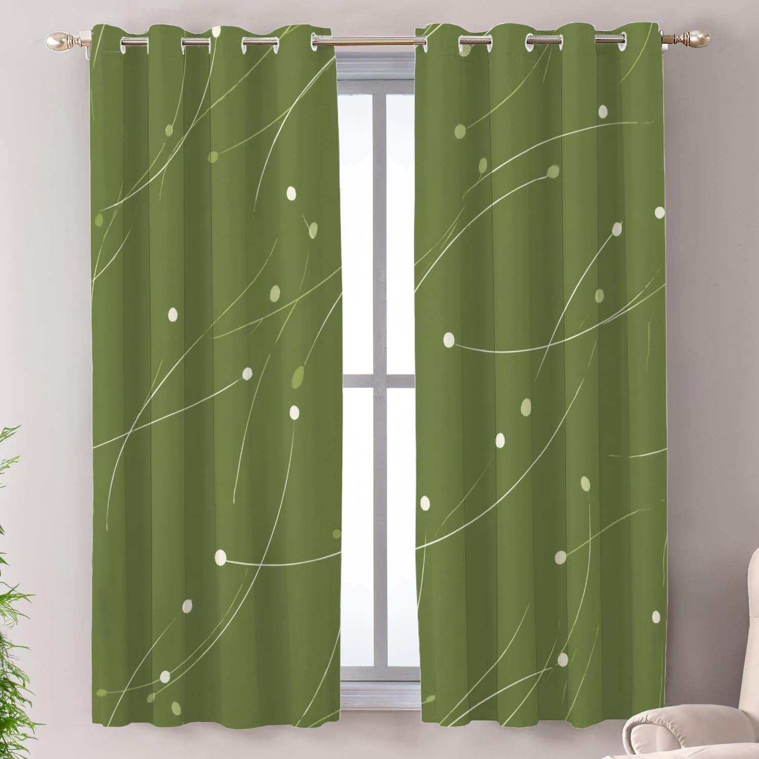 Shrahala Growth Trails Sparse Distribution Blackout Window Curtains, Green Background White Curves Dots Thermal Insulated Curtains Grommet Long Drapes for Bedroom,Living Room (2 Panels, 52 x 63 in) — image 1