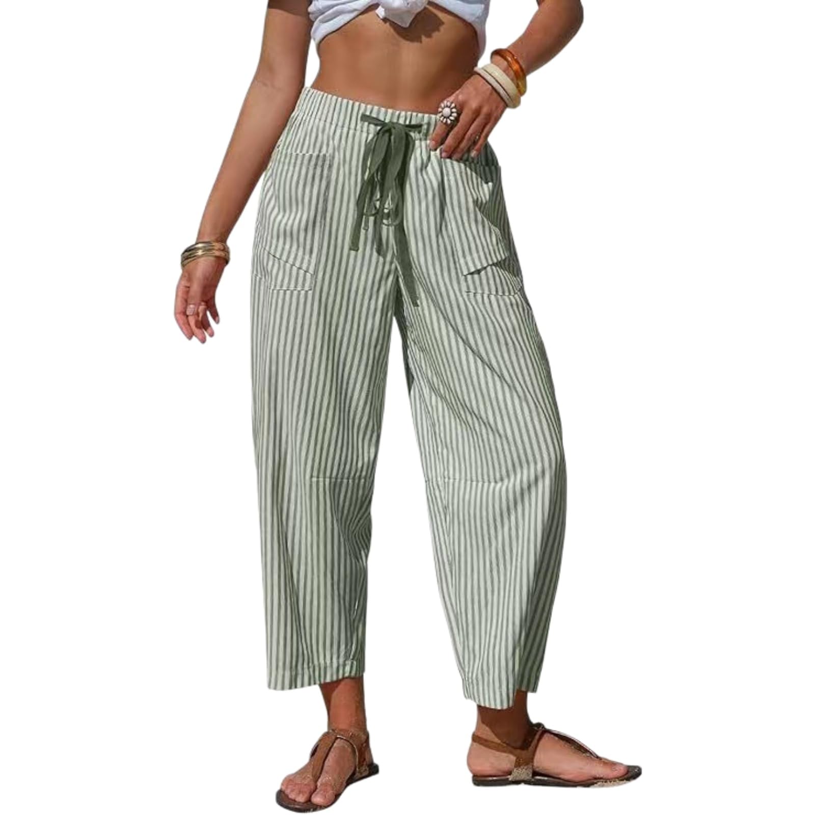 Pantalon tonneau rayé pour femme avec taille élastique et cordon de serrage réglable, idéal pour les vacances à la plage.