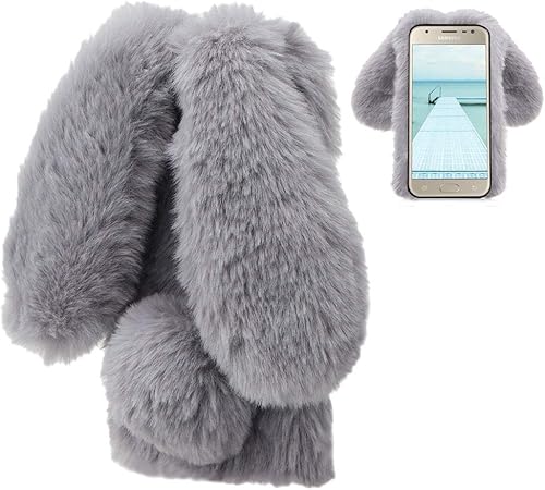 LCHDA kompatibel mit PlA sch HA lle Samsung Galaxy 2018 Flauschige Hasen Fell HA lle HandyhA lle MA dchen SA AYe Kaninchen Pelz Niedlich Hasenohren Handytasche SchA tzend StoAYfest TPU SilikonhA lle-Grau