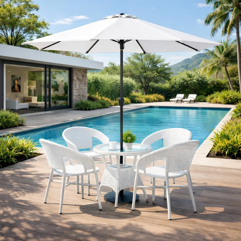 5-Piece Outdoor Rattan Wicker Patio Furniture Set with Umbrella & Glass Top Table, 4 Chairs + Coffee Table for Garden, Balcony & Poolside (White)-image-22