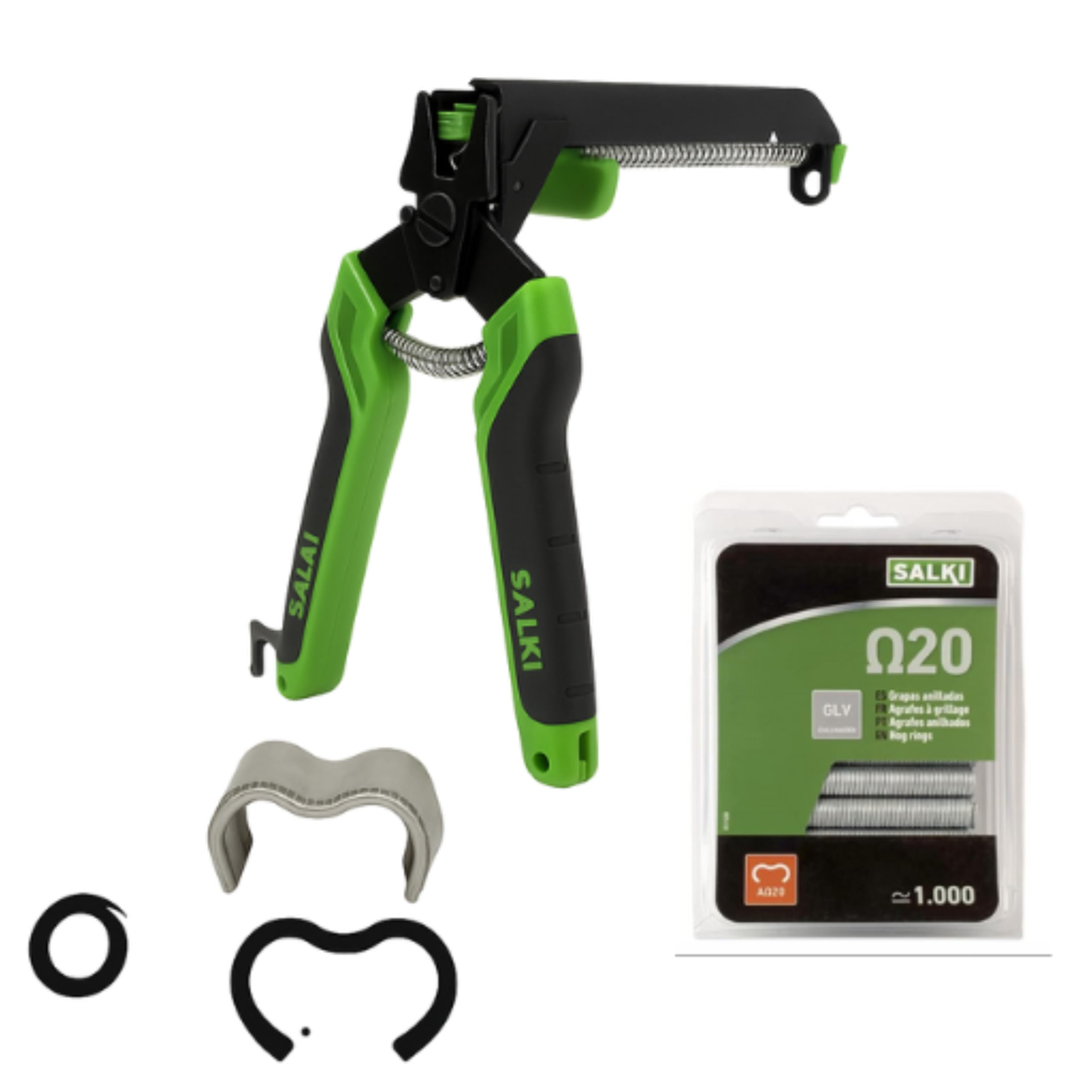SALKI Pack Grapadora Cercas con Cargador FSK20C - Grapadora para Vallas y Mallas con Cortador de Alambre Incorporado de hasta 3mm de Espesor + Blíster de 1000 Grapas Ω20 Galvanizadas (3301310PA2)