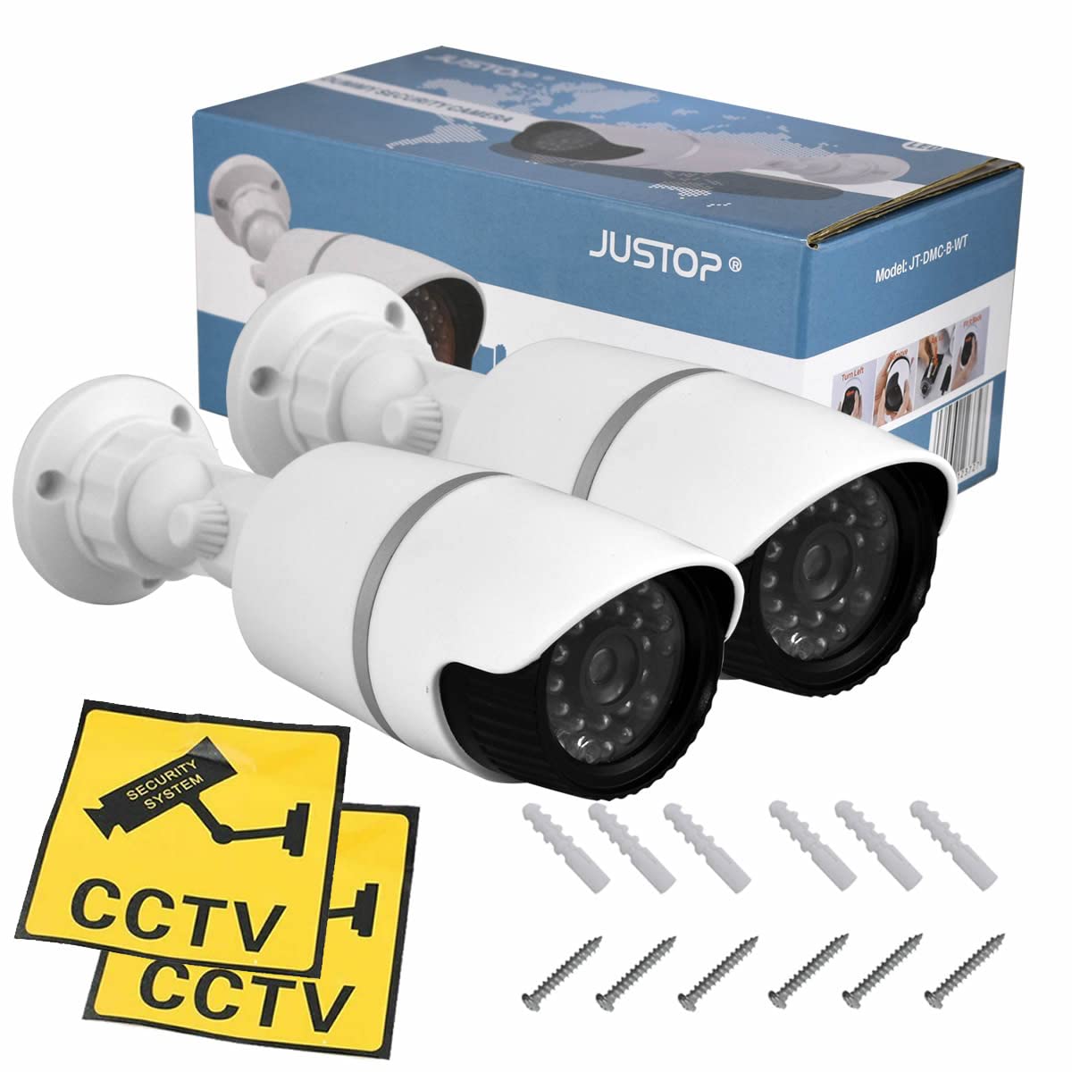JUSTOP Cámaras CCTV falsas, 2 cámaras de seguridad falsas con LED intermitente, impermeables para uso en interiores o exteriores, carcasa profesional en blanco y negro (paquete de 2 unidades)