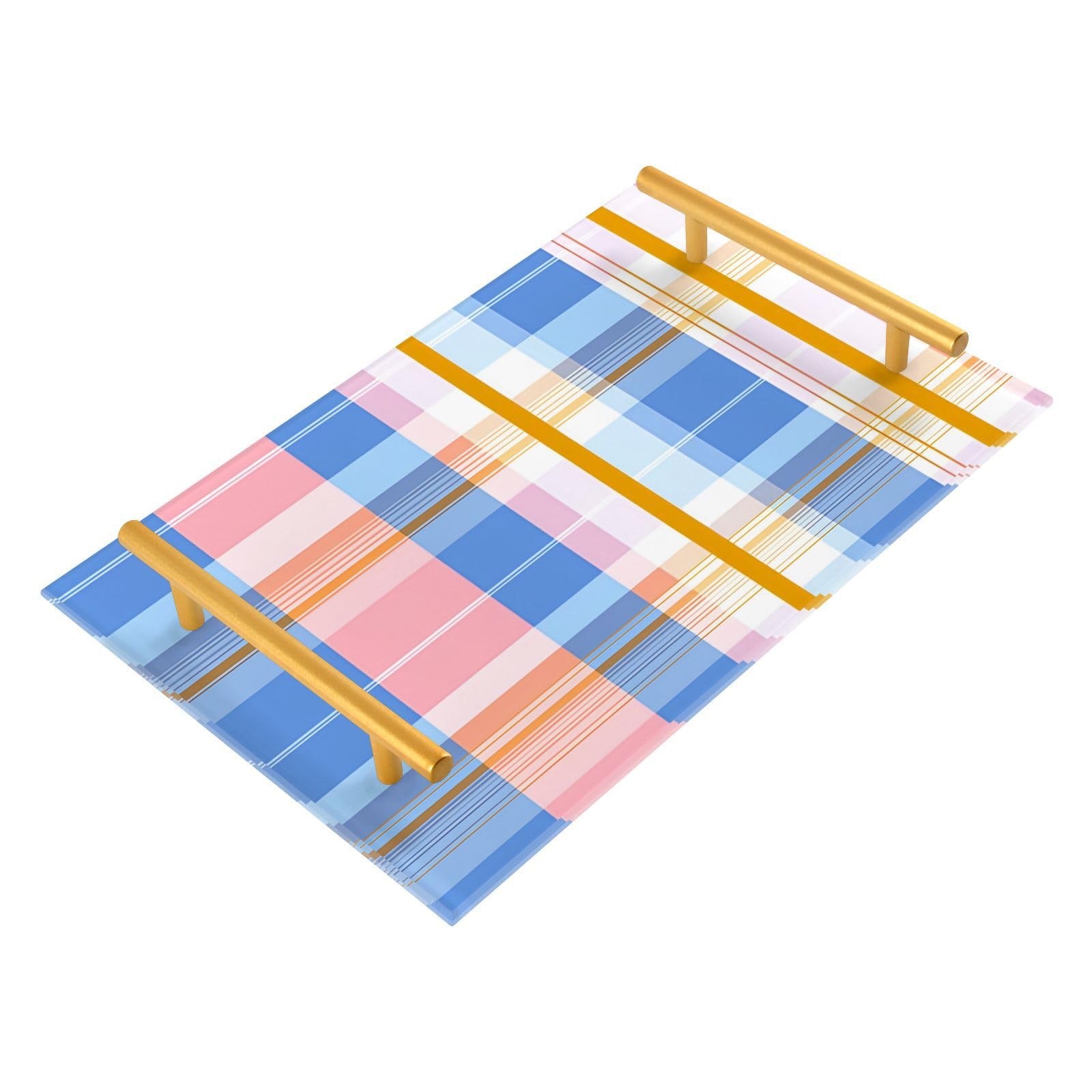 GUIJI Light Plaid Acrylic Tray, Perfume Cosmetic Jewelry Decorative Trays Bathtub Organizer, Living Room Kitchen Serving Tray with Gold Handles