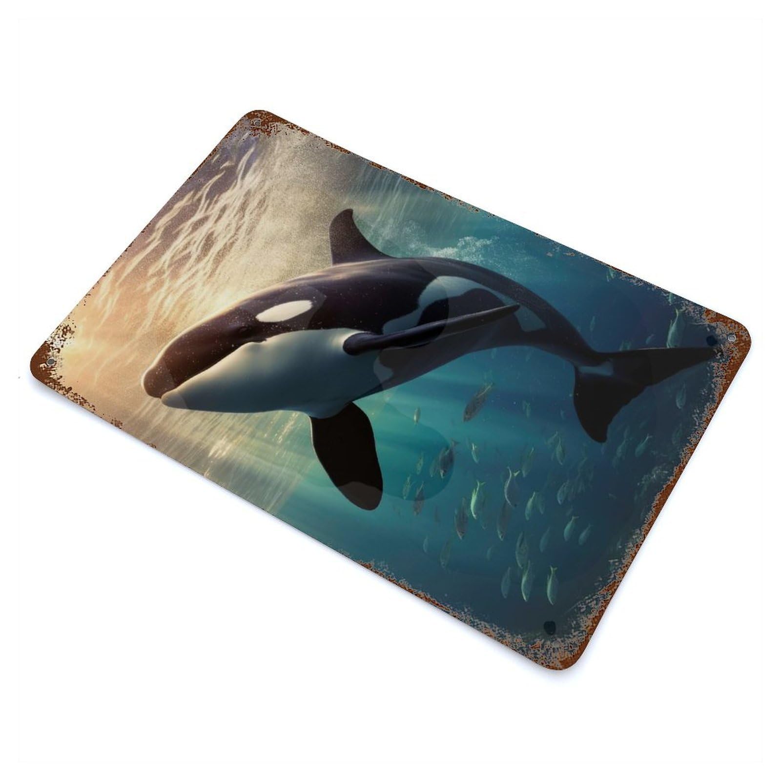 Orca Whale Sunset Dive 11.8"x7.9" Rust Effect Tin Sign, Industrial Home Decor for Living Room, Hallway And Home Decor