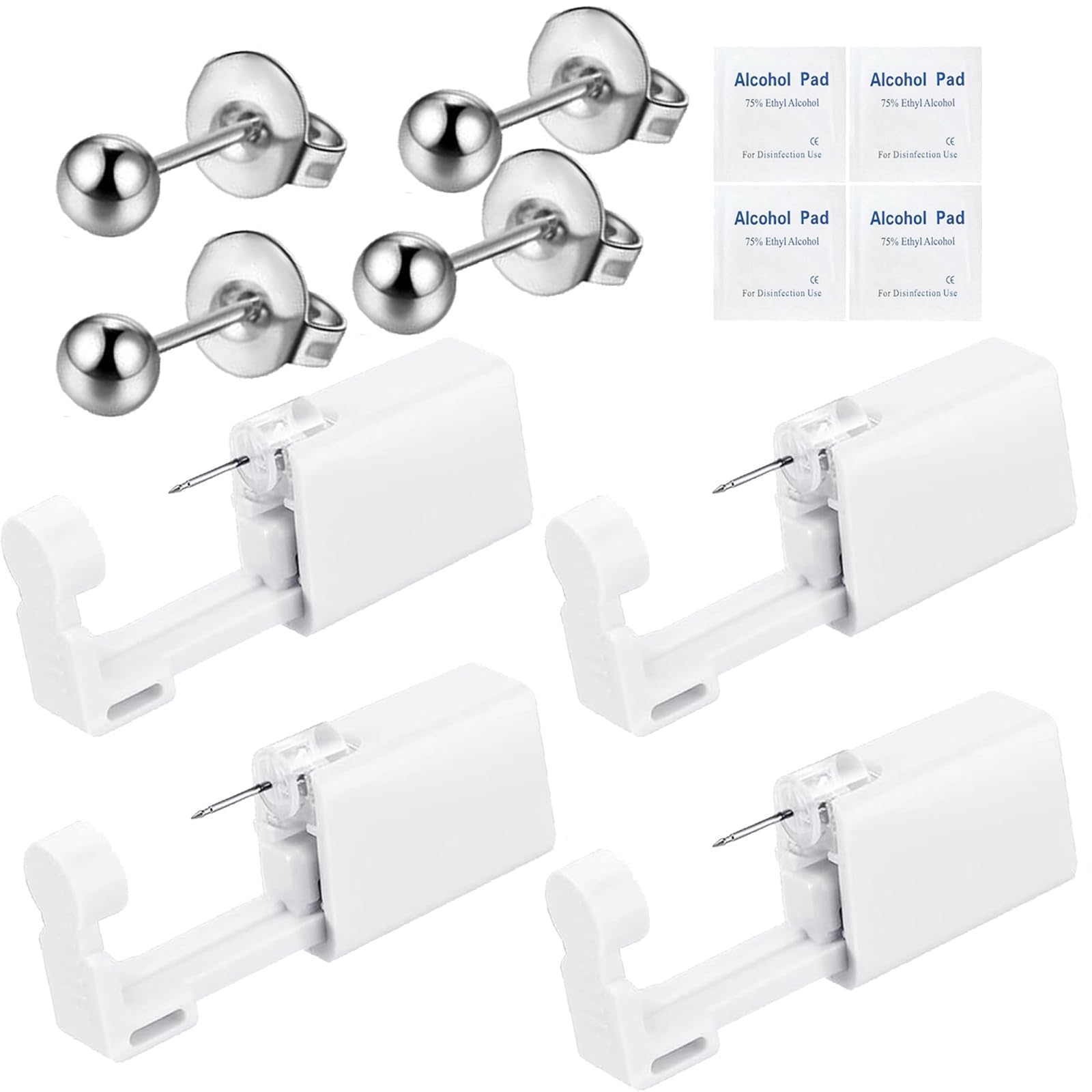 orilace 4 Pcs Ear Piercing Kit - Disposable Piercing Gun Built-In Earring Stud At Home Piercing Kit Low Pain Self Use Convenient Safe Operate 3mm (Silver Ball)