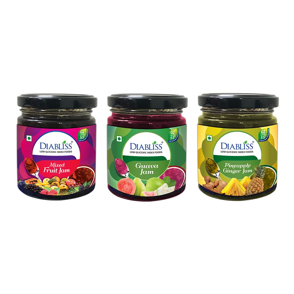 Diabliss Jam Combo Pack – Mixed Fruit, Pineapple Ginger & Guava | 225g Each | Low-GI Sugar Alternative | No Artificial Sweeteners | Healthy Fruit Spread | Low Glycemic Index | Suitable for Balanced Diet