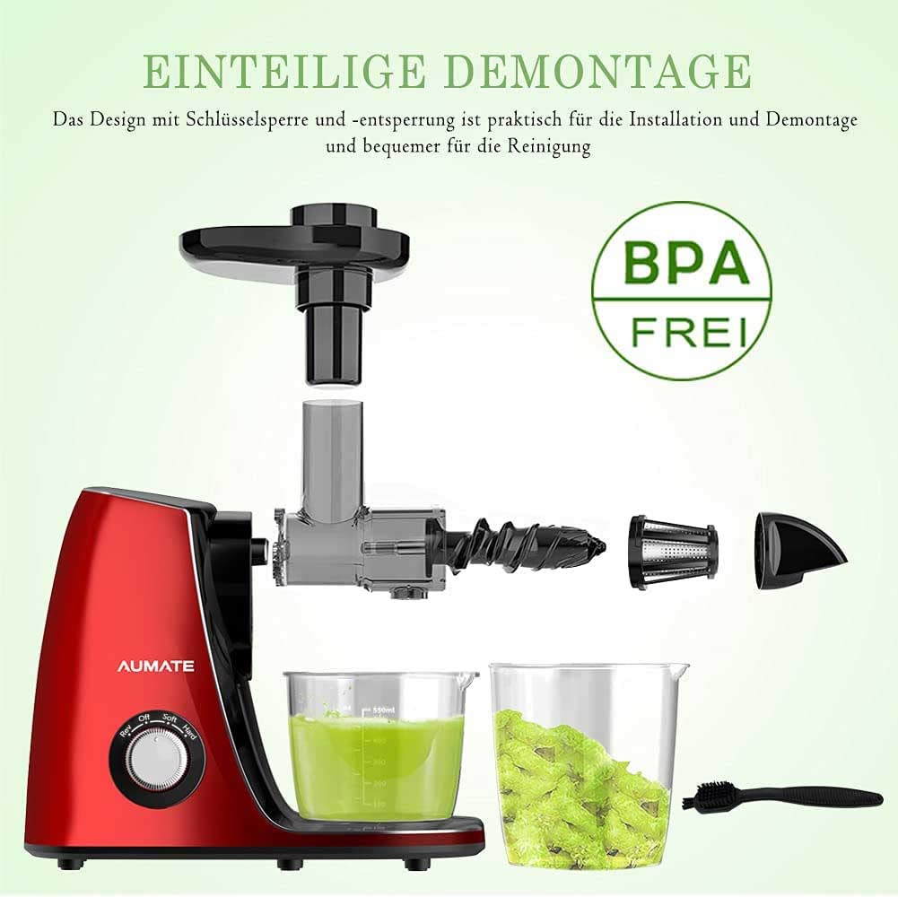 Estrattore di Succo a Freddo AUMATE,550ml Estrattore di frutta e verdura,Massimi nutrienti - 95% di purezza del juiceo,Funzione inversa, Motore silenzioso,Facile da pulire con un pennello,150W