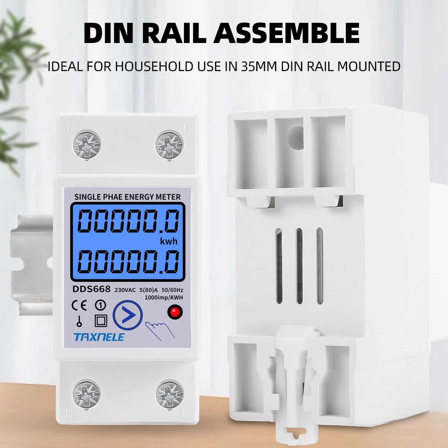Contador de energía monofásico sobre carril DIN kWh - Contador consumo energético Vatimetro Tensión Corriente 80A AC 230V Voltímetro Amperómetro LCD Reset Zero KWH