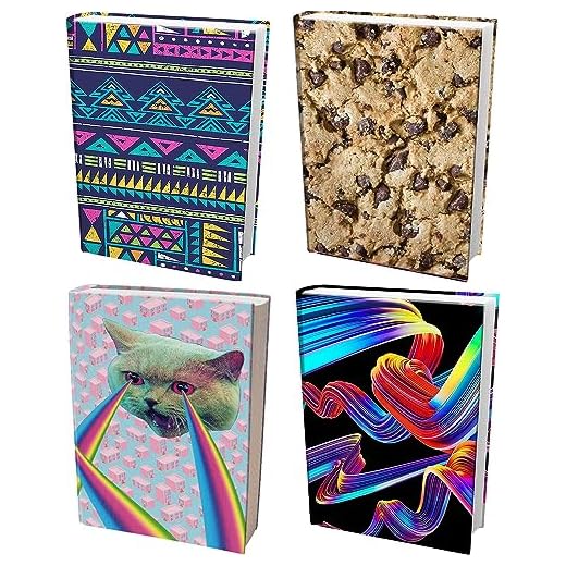 Easy Apply Stretchable Book Cover 4 Pack. 2 Solid and 2 Design Jumbo Jackets Fit Hardcover Textbooks Up to 9" x 11". Adhesive-Free, Nylon Fabric Protectors. Washable, Reusable Student School Supply