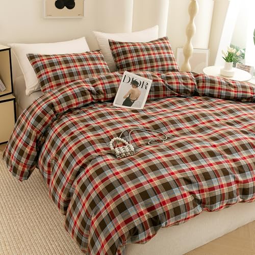 Image of ECOCOTT Buffalo Plaid Duvet Cover Queen Size- 3 Piece Washed Cotton Bedding Set with Classic Checkered Pattern, Red & Brown Duvet Cover with Pillowcases for All Seasons