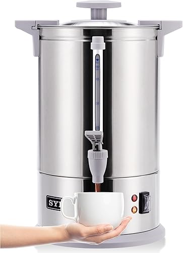 SYBO Cafetera de percolado de acero inoxidable de grado comercial, urna de agua caliente para catering, 100 tazas de 16 L, color gris
