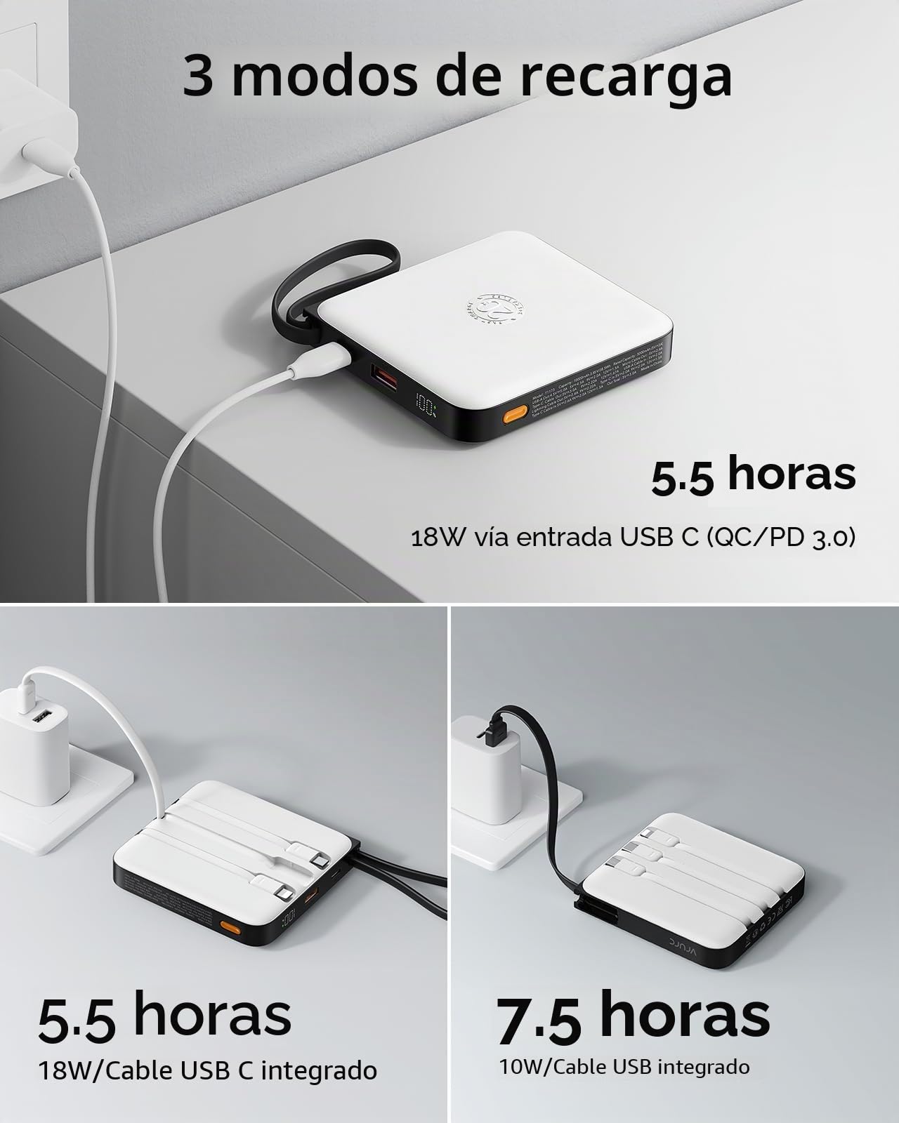 VRURC Power Bank - Batería externa (20000 mAh, 4 cables, carga rápida de 22,5 W)