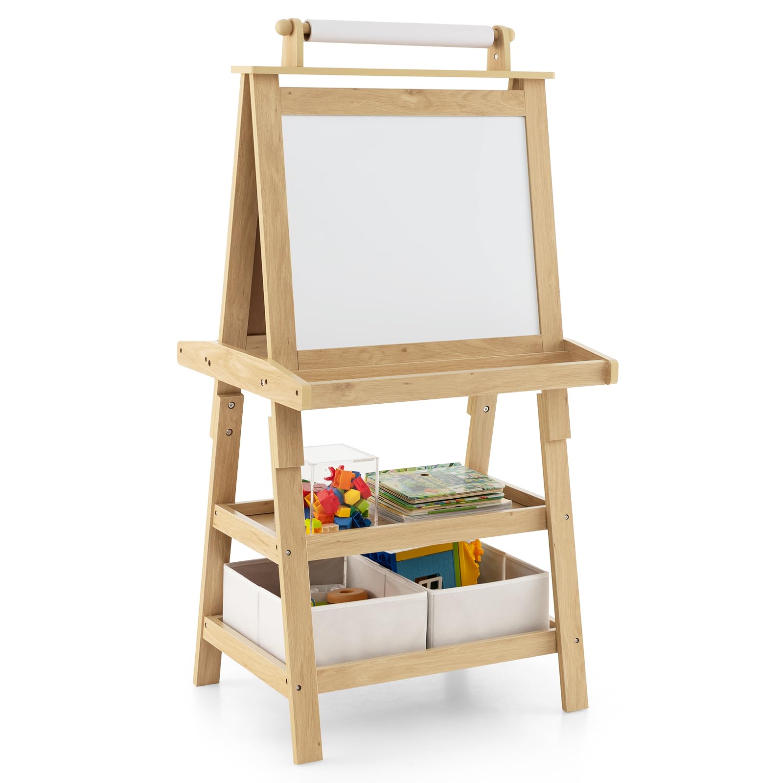 GYMAX Cavalletto per Bambini 3 in 1, Lavagna Magnetica con Doppia Faccia,2 Vassoi e 2 Scatole, Cavalletto per Dipingere, Inclusi Carta per Dipingere e Magneti, 59 x 50 x 117 cm (Naturale)
