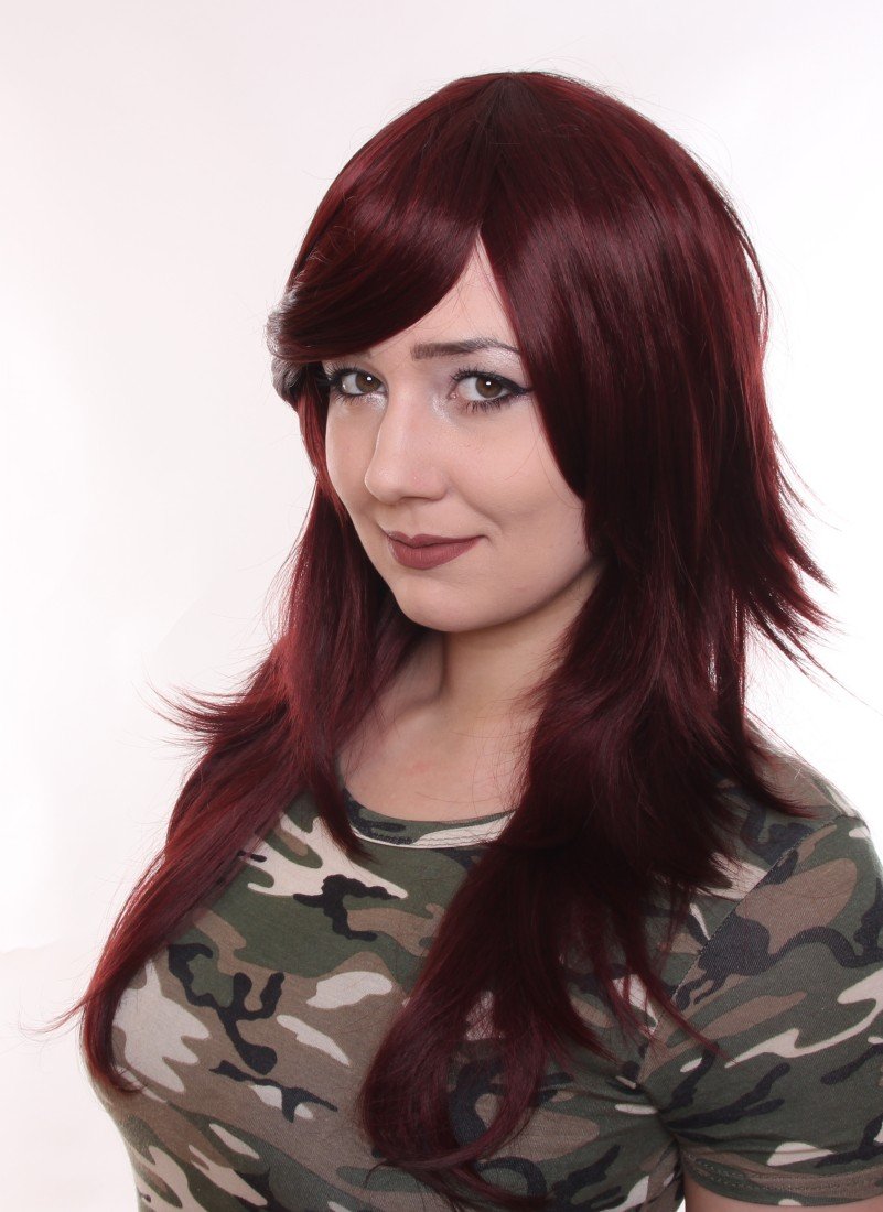 Prettyland C358 Long Hair Women Wig Straight Layered Haircut Long Bangs Heat Resistant Dark Red - Image 3