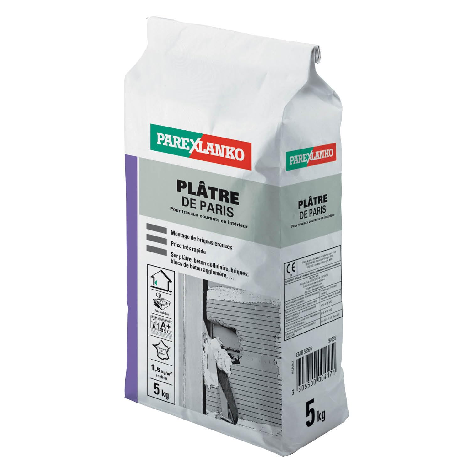 Parexlanko - Plâtre de Paris - Plâtre fin pour réparation, rebouchage et scellement en intérieur - Prise très rapide - 5 kg