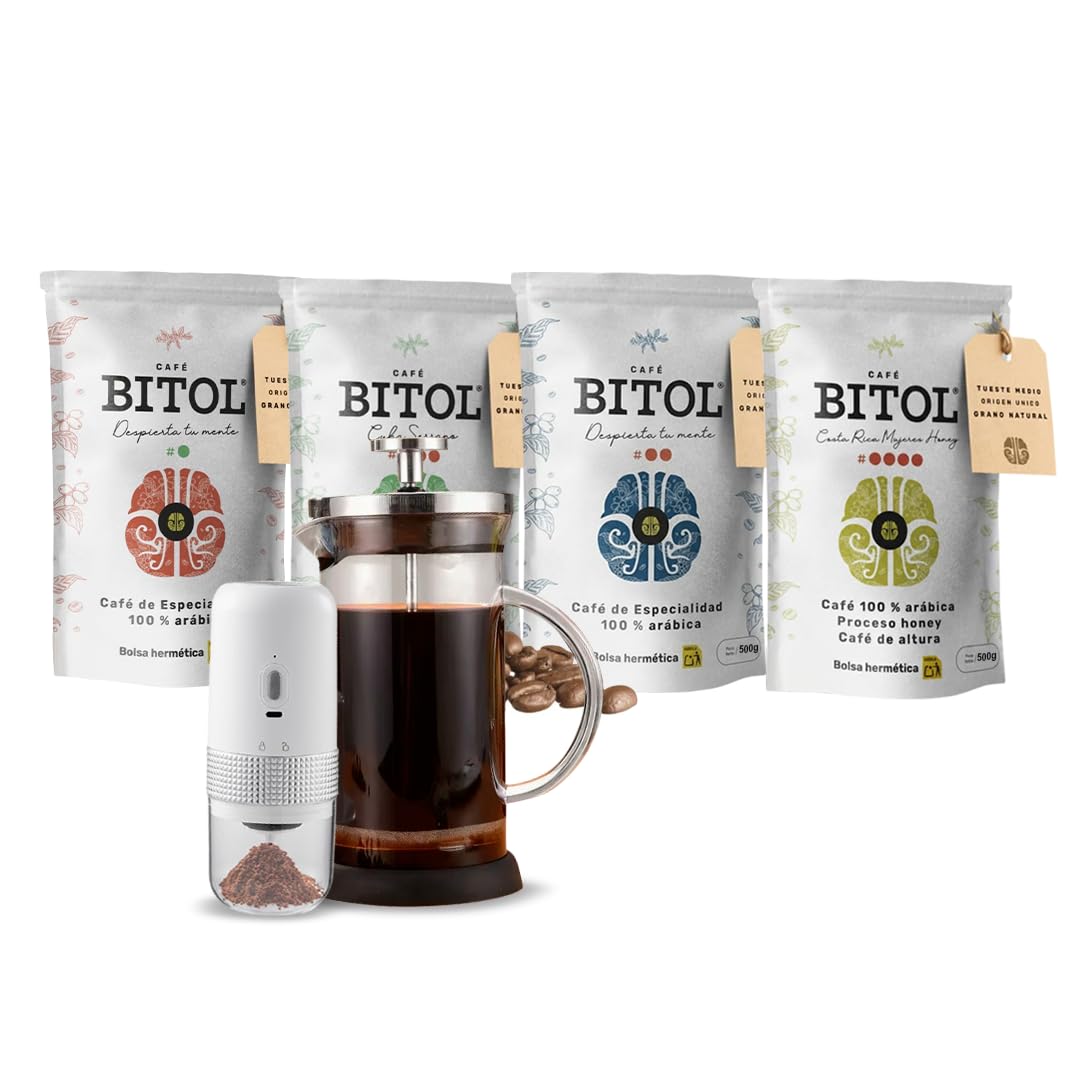Kit de Iniciación + Gala BITOL 4 Cafés de Especialidad 100% Arábica Colombia, Guatemala, Cuba y Costa Rica 4 x 500 g + Molinillo Manual y Prensa Francesa | Notas de Chocolate, Caramelo, Frutos Secos