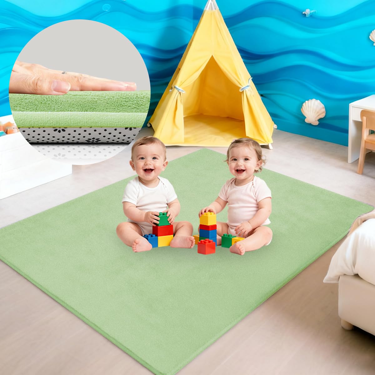 Tappeto Gioco Bambini Acolchado 2 cm Extra Spesso, Antiscivolo, Ideale per Pavimenti e Box Neonato, Palestra Neonati, Tappeto Tummy Time Neonati, Verde, 200 x 350 cm