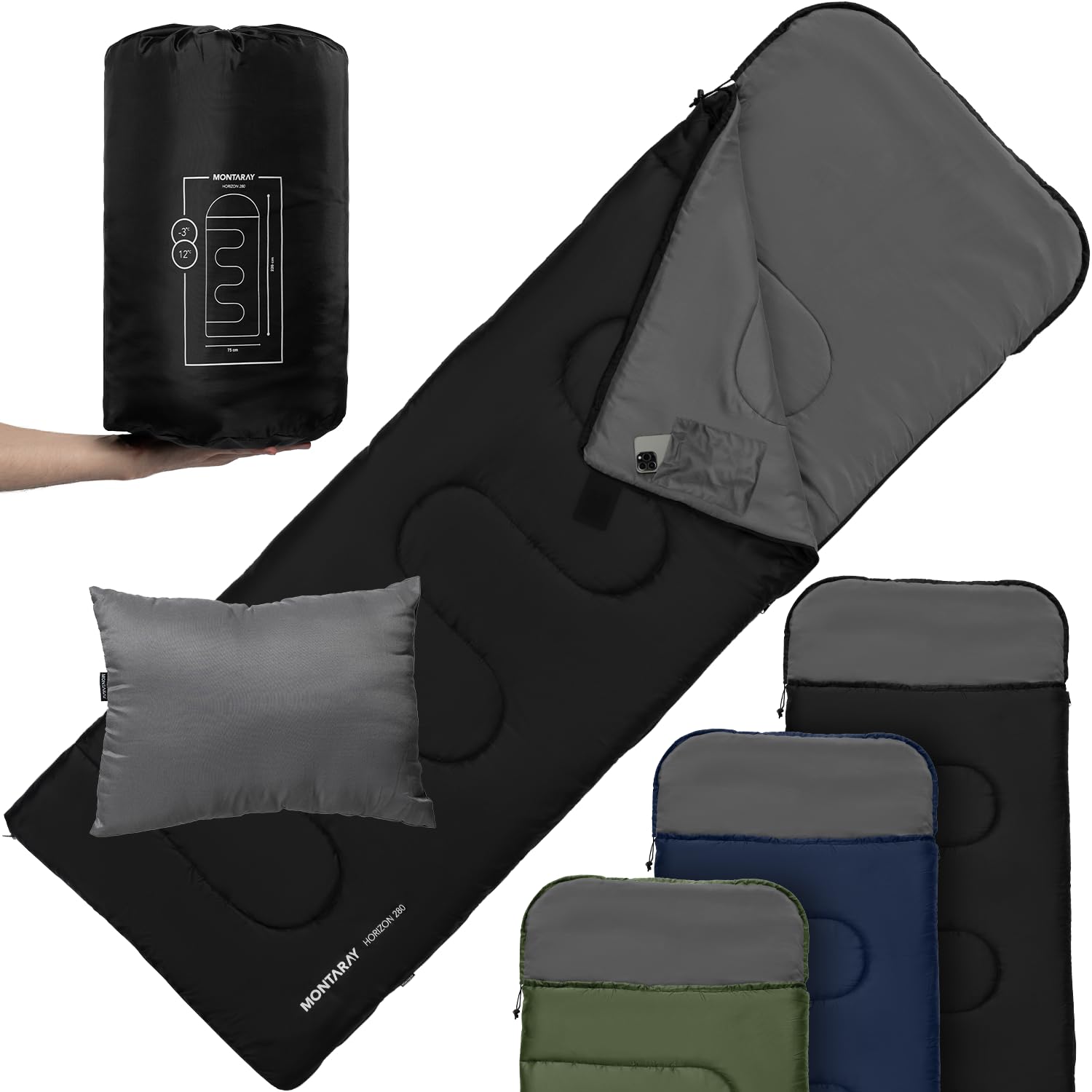 Sac de Couchage Couverture 3-4 Saisons, Sac de Couchage d'extérieur pour Camping avec Coussin, Sac de Couchage Douillet et Chaud, avec ou sans Capuche, pour Adultes, Sac de Couchage d'été