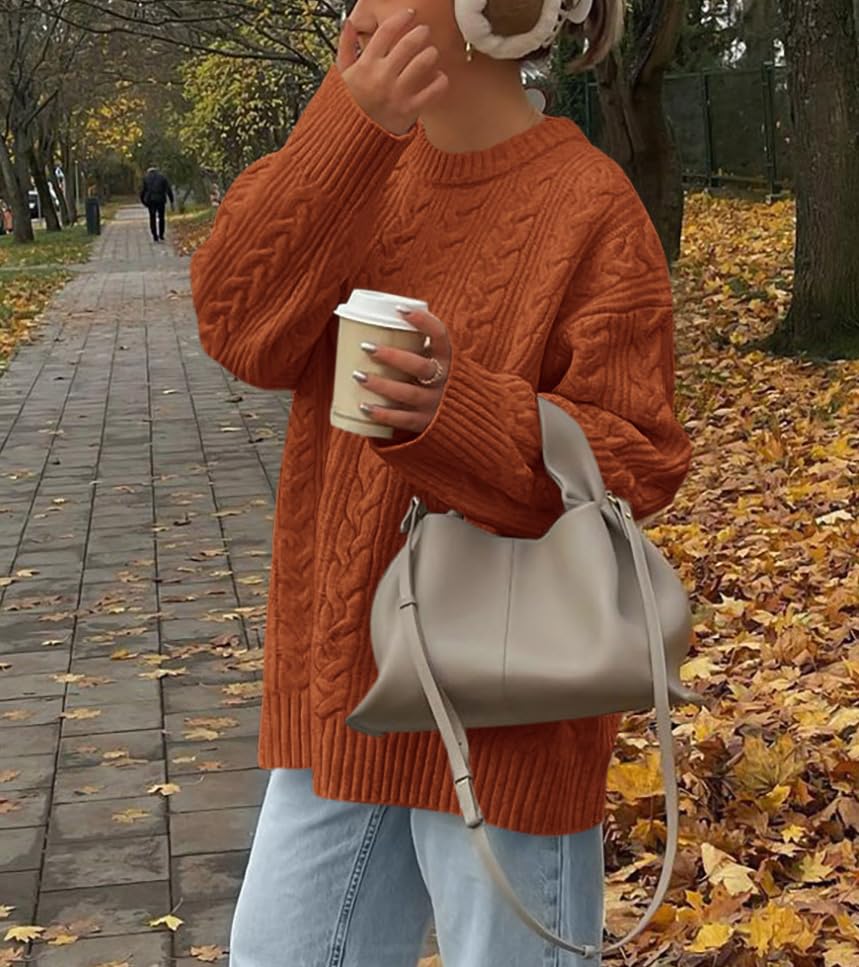 Okiwam Women's Oversized Sweaters Crewneck Cable Knit Pullover Casual Loose Fall Outfits Fashion Clothes 2025