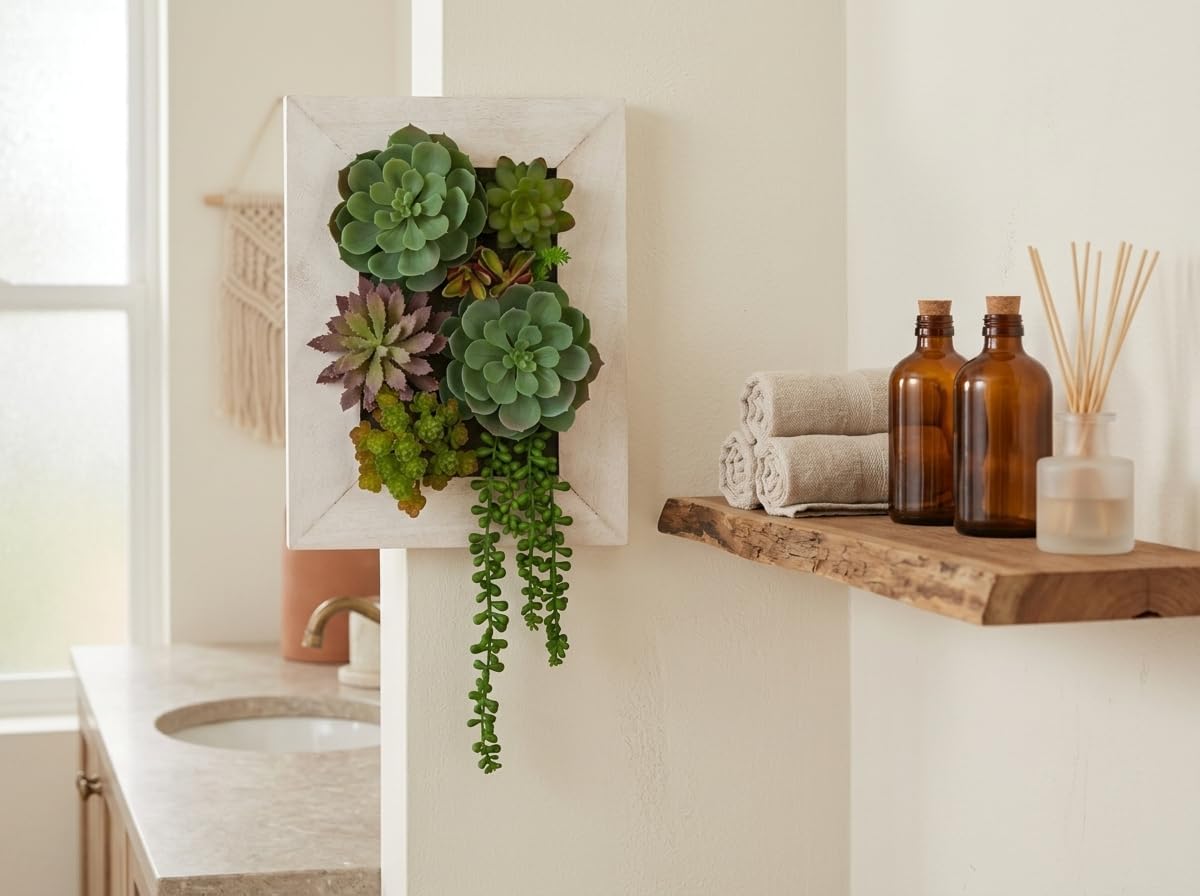 Wall Artificial Succulent Hanging Decor Plants Fake Succulents String of Pearls Arrangement with Wooden White Frames Faux Plants Hanging Boho Decor for Livingroom Bedroom Home Decor 10.2"x 2.3"x 13.7"