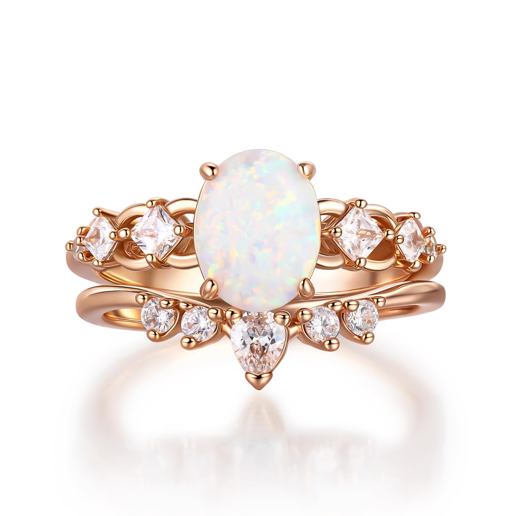 Pear Shaped Opal Engagement Ring Set Vintage 18K Gold/Rose Gold Stackable Teardrop Rings Wedding Bands with Cubic Zirconia Jewelry
