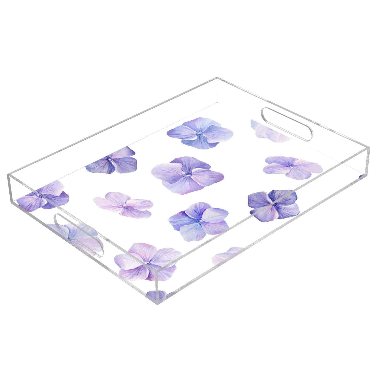 Bandeja de acrílico transparente para servir con asas, bandeja de desayuno de 12 x 16 pulgadas, bandeja de desayuno acrílica azul con flores de hortensias, acuarela, a prueba de derrames, bandeja de