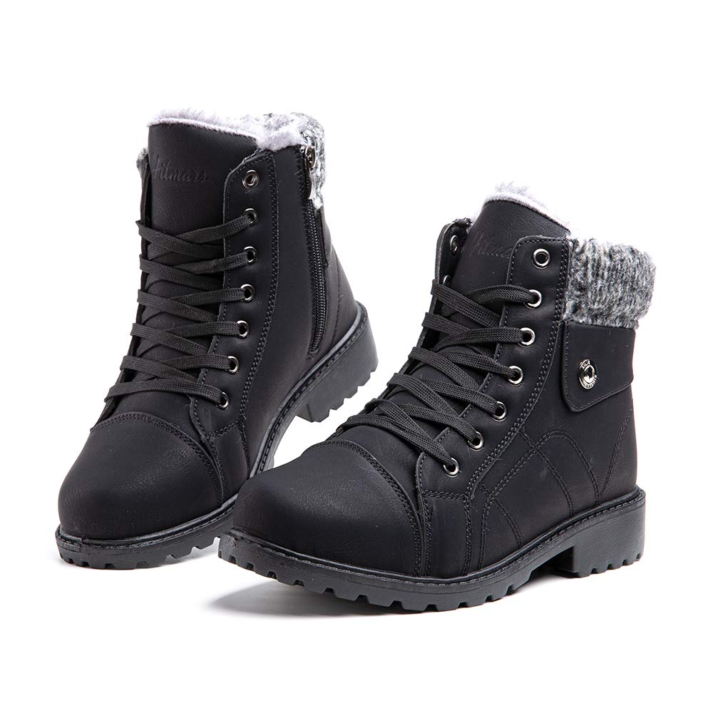 HitmarsLadies Winter Boots Fur Lined Ankle Snow Boots Women Lace Up Warm  Shoes Anti-slip Grip Sole Walking Footwear High-top Black Brown Grey Pink 