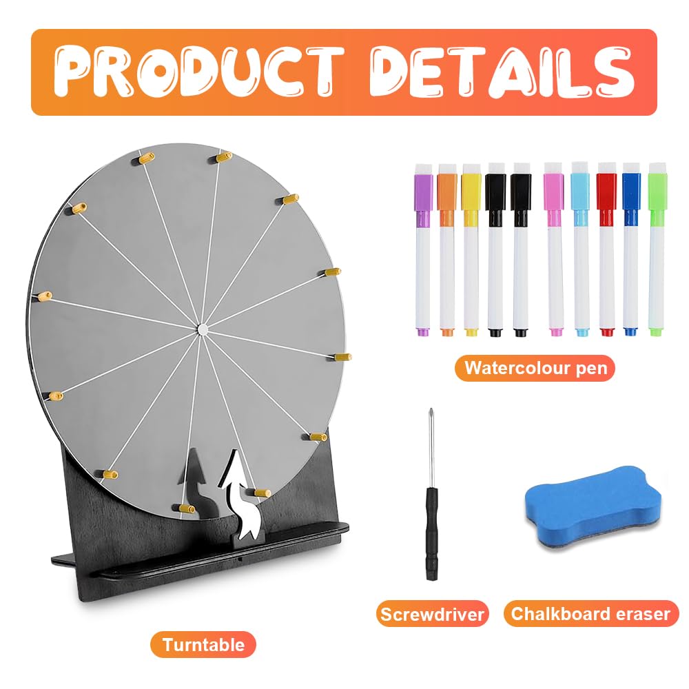Roue de la Fortune, TGKYK 30cm 12 Slots Roue de Prix en Bois avec Gomme, Marqueur et Tournevis, Roue de la Chance, Kit de Roue de Récompense pour Mariages, Fêtes, Écoles (Noir)