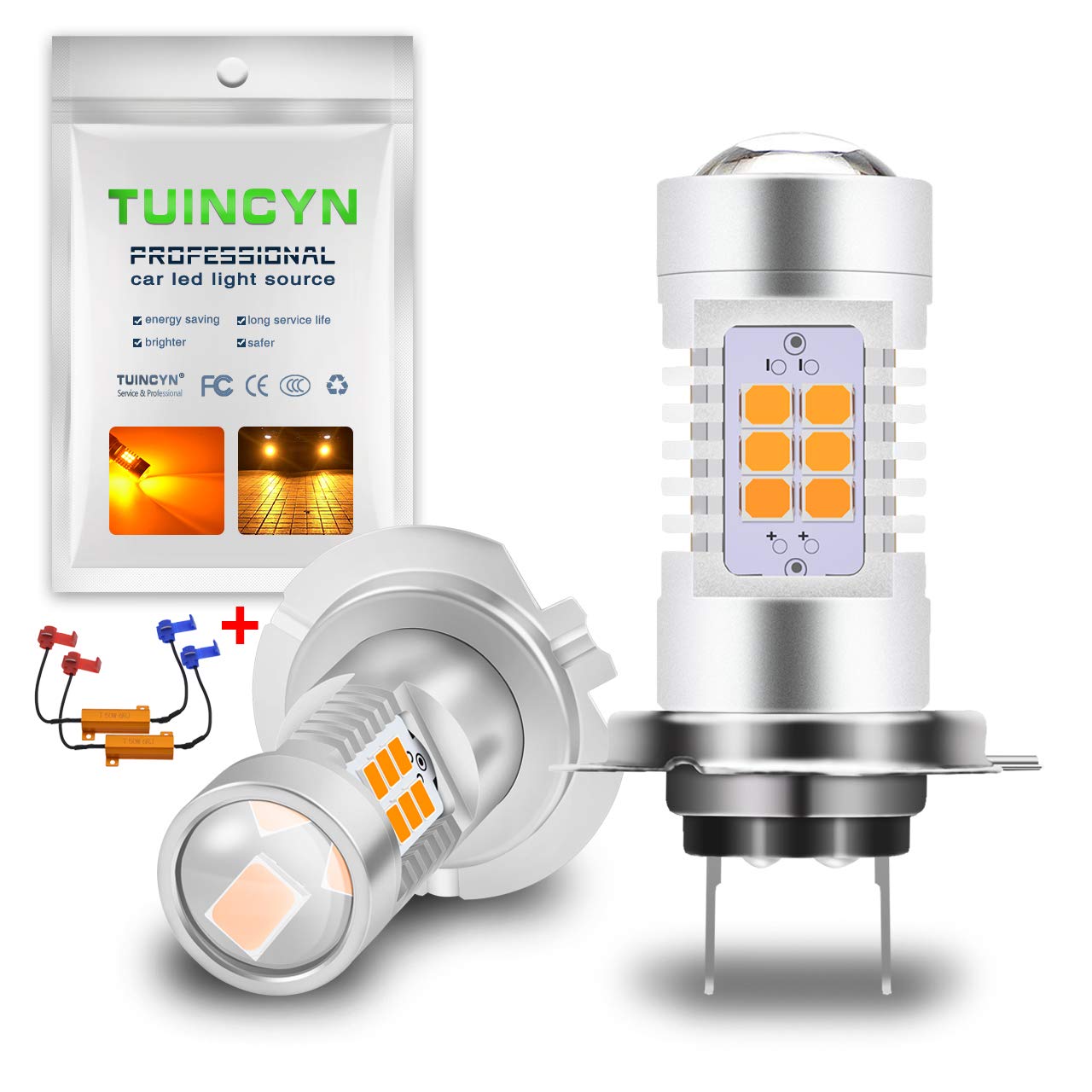 TUINCYN Żarówki przeciwmgielne H7 LED w kolorze bursztynowym, bez błędów Canbus, lampa DRL, zamiennik, 2835 21SMD, 6500K, wyjątkowo jasne, do samochodowych świateł do jazdy dziennej, 10.5W, DC 12V (2