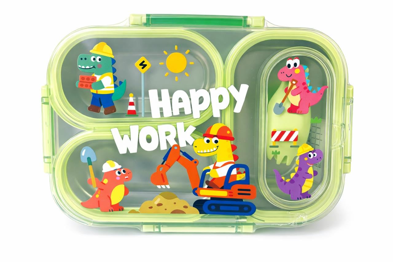 Lilsprout Construction Theme Bento Lunch Box – 3 Compartment Leakproof Tiffin Box for Boys | “Happy Work” Dino Construction Design | BPA-Free, Airtight School Lunchbox (20×15×7 cm)