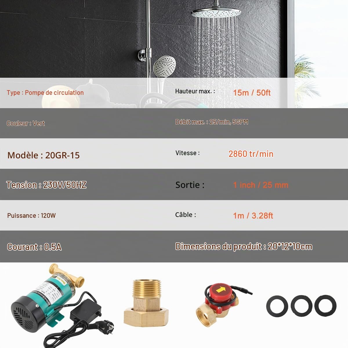 Pompe de Surpression Eau 120W, Pompe Surpresseur Circulation Eau Chaude Domestique, Débit Max 25L/min, pour Douche, Robinet, Machine à Laver, Jardin, Silencieuse et Automatique