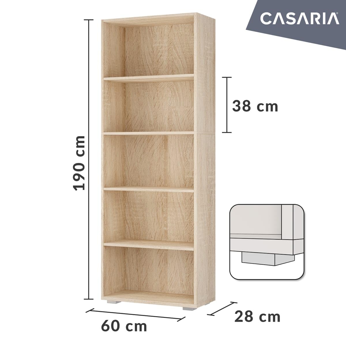 Casaria® Bücherregal 5 Fächer 190x60x28cm Höhenverstellbare Böden Holz Offen Modern Stehend Arbeitszimmer Büro Wohnzimmer Standregal Regal Vela Eiche