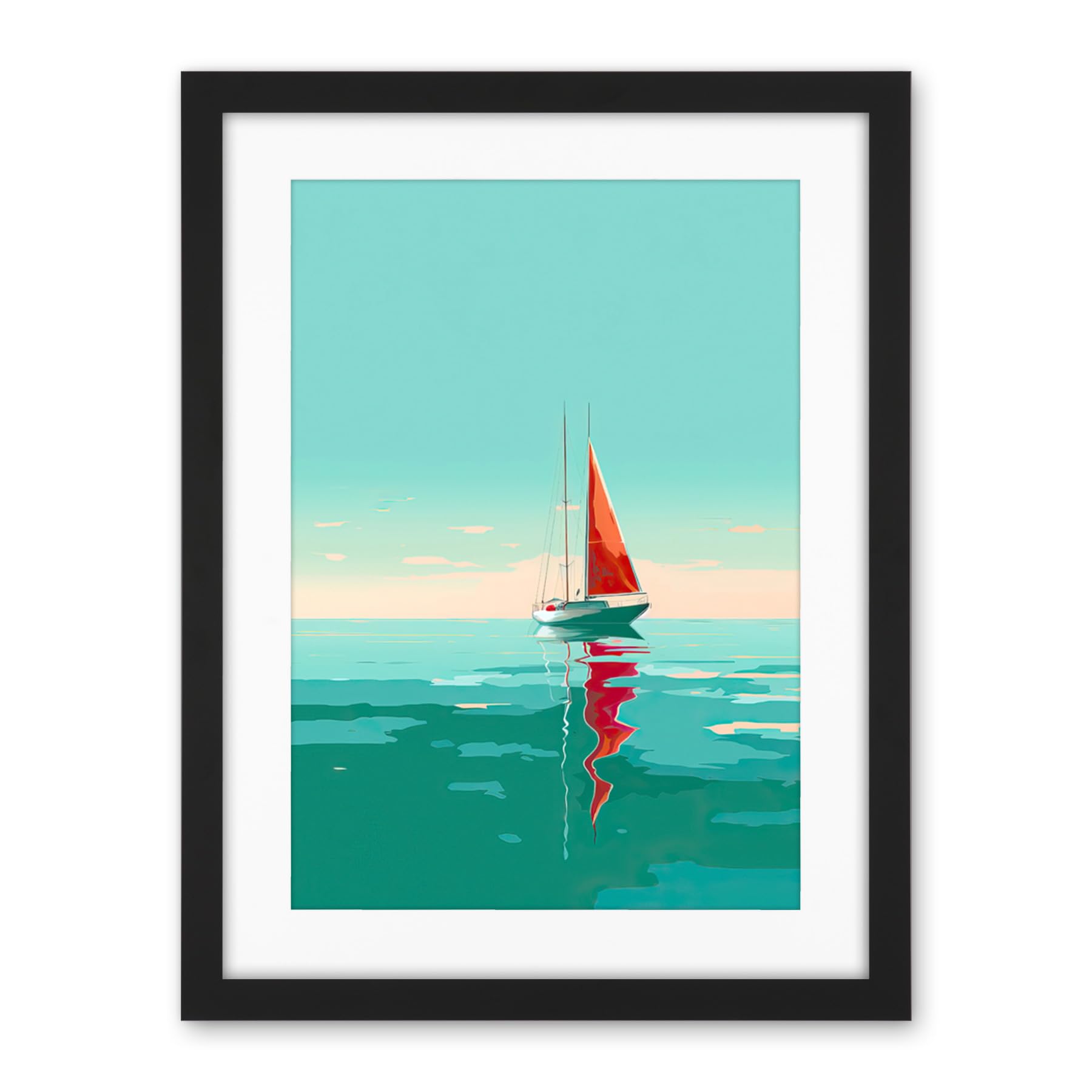 Artery8 A Sailboat with a Red Sail Sailing on a Calm Sea Artwork Framed Wall Art Print 18X24 Inch