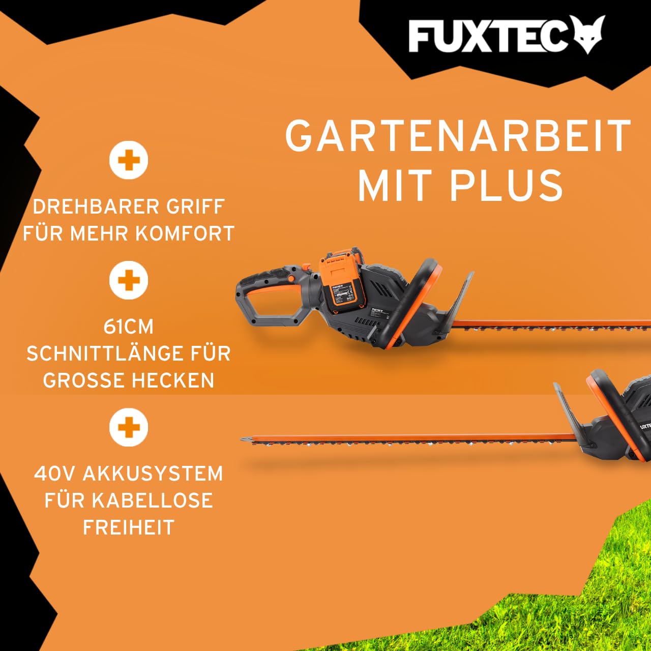 FUXTEC 40V Akku Heckenschere FX-E2HSSET • 61cm Schnittlänge • 26 mm Schnittstärke • 2X 20V Li-Ion Akku • Drehbarer Griff • Elektrische Bremse • Heckentrimmer für Sträucher und Hecken