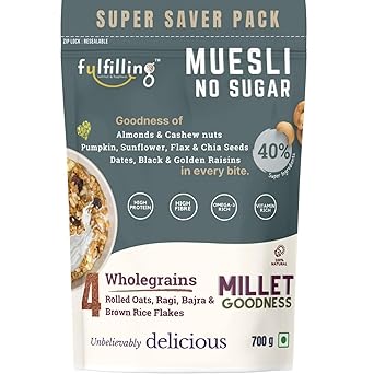 Fulfilling Muesli Sugar free 350g| Pumpkin, Flax & Chia seeds, Dry fruit & Nuts - Rolled Oats + Millet flakes | No added Sugar snack | Gluten free Healthy Breakfast - image, photos