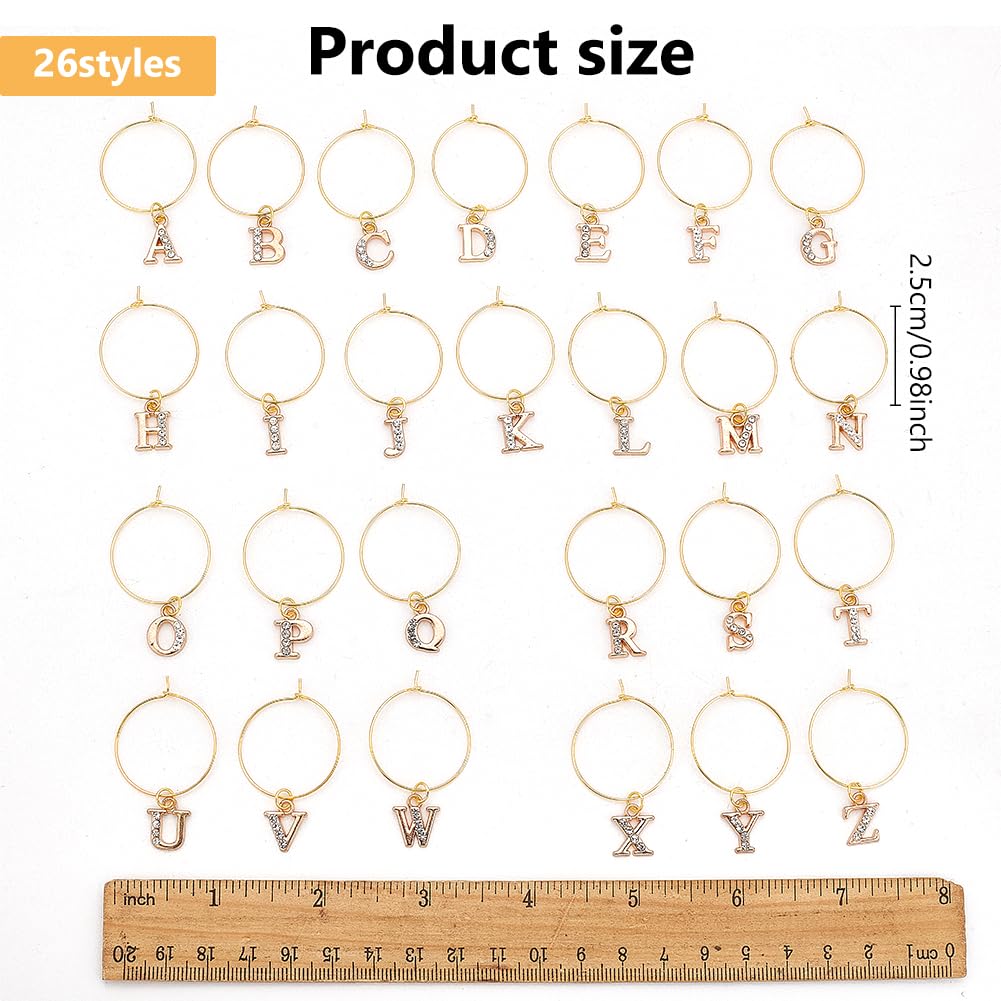 FREEBLOSS 26 Pcs DIY Wine Glass Charms Set Rhinestone Wine Glass Charms Letters Wine Glass Markers Drink Markers Wine Charm Rings Wine Themed Party Decorations for Wedding Holiday Birthday
