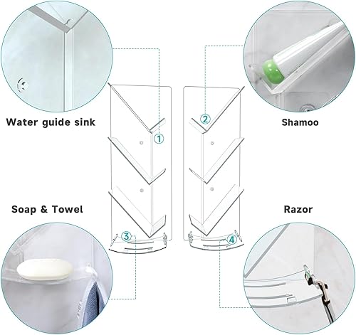 Miniatura 7 de Paquete de 2 estantes de ducha acrílicos para organizador de baño, organizador de pared de ducha con guía de agua, soporte para champú sin