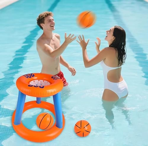 Windfromort Aufblasbares Pool-Basketballspielzeug – Aufblasbarer Basketballkorb mit 3 Bällen & Pumpe – Floating Basketball-Hoop für Kinder & Erwachsene – Sommerlicher Wasserspaß
