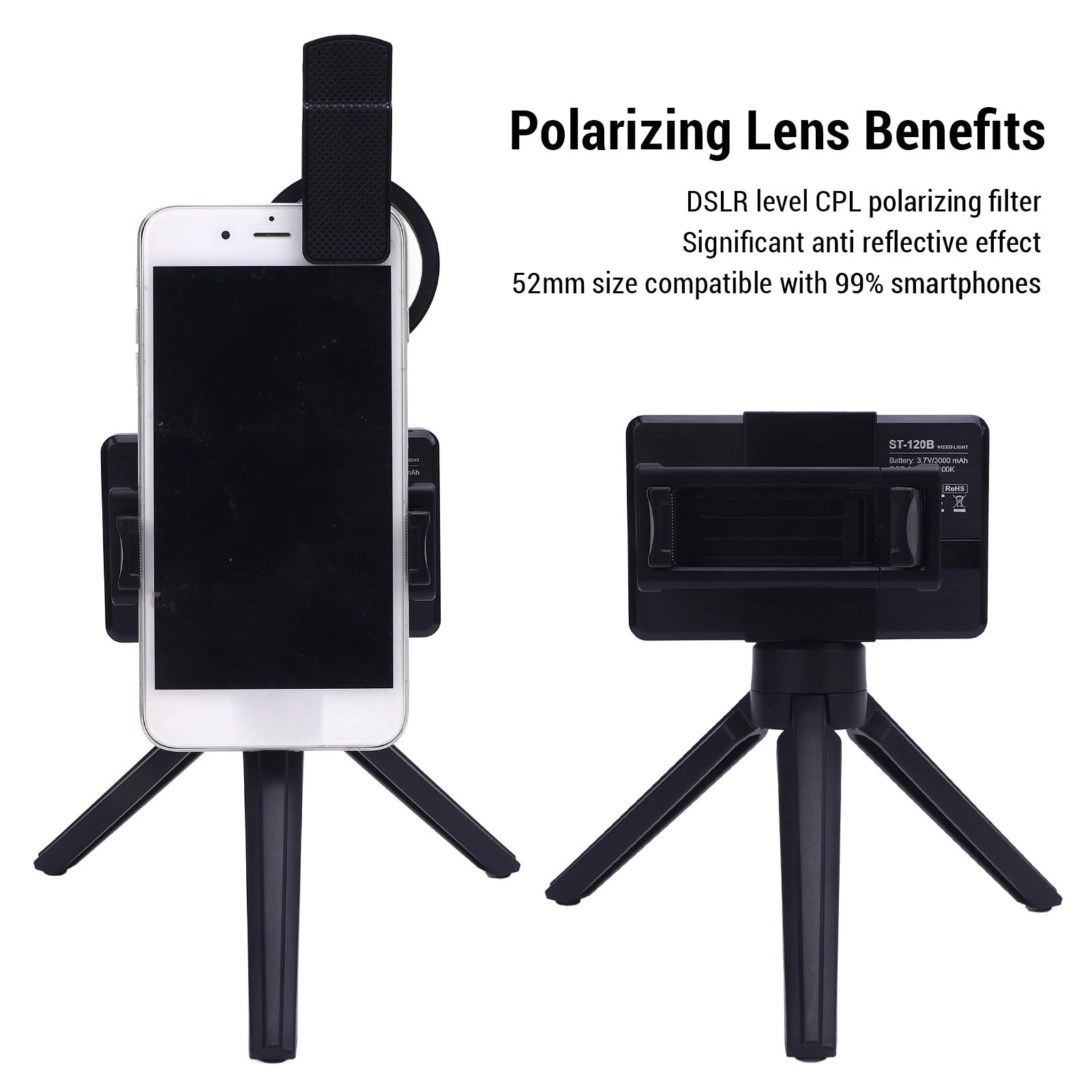 FLEXMAN Luce per Selfie con Lente Polarizzante CPL 52mm, Luminosità 2500K~9000K Illuminazione Regolabile a 120° Luce di Riempimento con Clip per Lente Polarizzata CPL Senza Fili