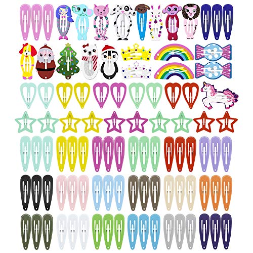Hair Clips, KUBOM 100 pcs No-Slip Metal Snap Clips for Girls, Toddlers, Women - Cute Candy Color Cartoon Patterns Hair Barrettes