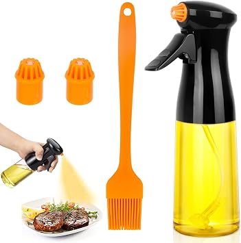 Cooking Oil Sprayer Upgrade Olive Oil Sprayer Glass Bottle 7oz 200ml Oil Sprayer Air Fryer Oil Mist Oil Dispenser Sprayer for Kitchen BBQ Salad Baking Grill Frying Black
