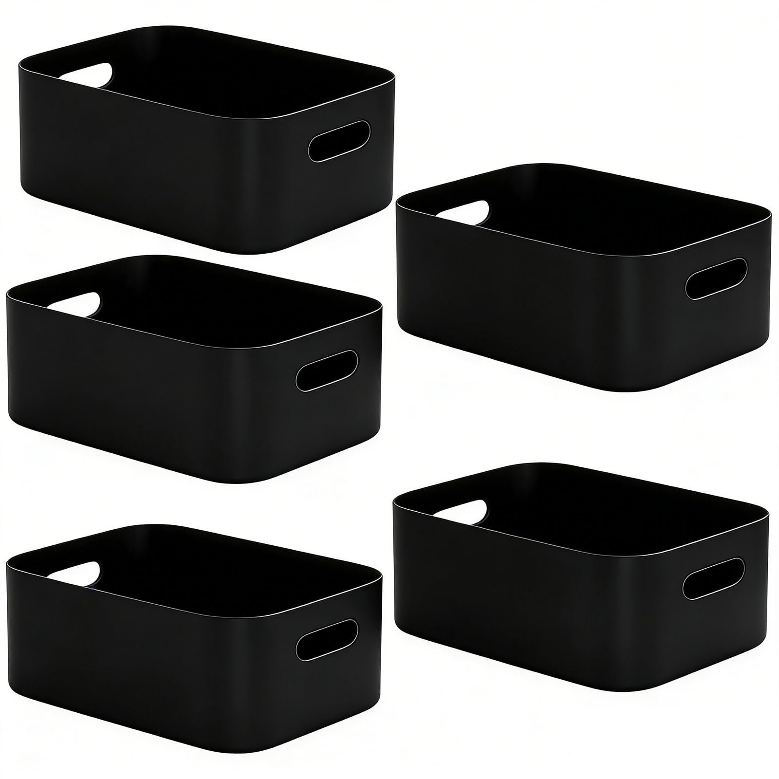 W&H 5 PCS Plastic Storage Baskets, Medium Cupboard Storage Boxes with Handle, Rectangular Home & Kitchen Organiser, Plastic Baskets for Shelves, Bathroom, Kitchen and Office - 25×17×10cm (Black) — image 1