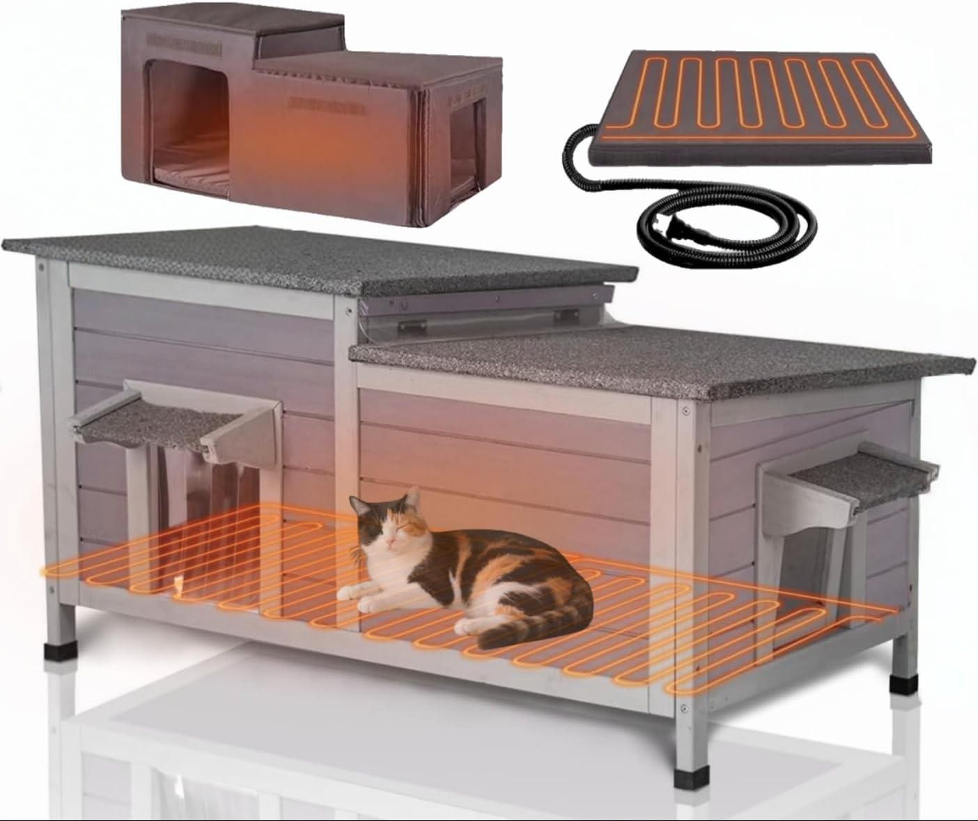 Gutinneen Heated Cat House for Outside Feral Kitty Shelter with Liner Weatherproof Insulated Outdoor Cat Shelter for Winter - Safe Escape Door and Large Space(Grey)