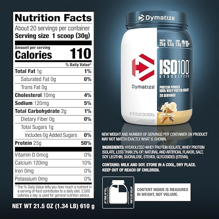 Image of Dymatize Nutrition ISO100 Whey Protein Powder Isolate, Gourmet Vanilla, 25G of Protein, 20 Servings, 5.5G BCAAs, Less Than 120 Cal., Gluten Free, 1G Fat, 1G Sugar, 2G Carb