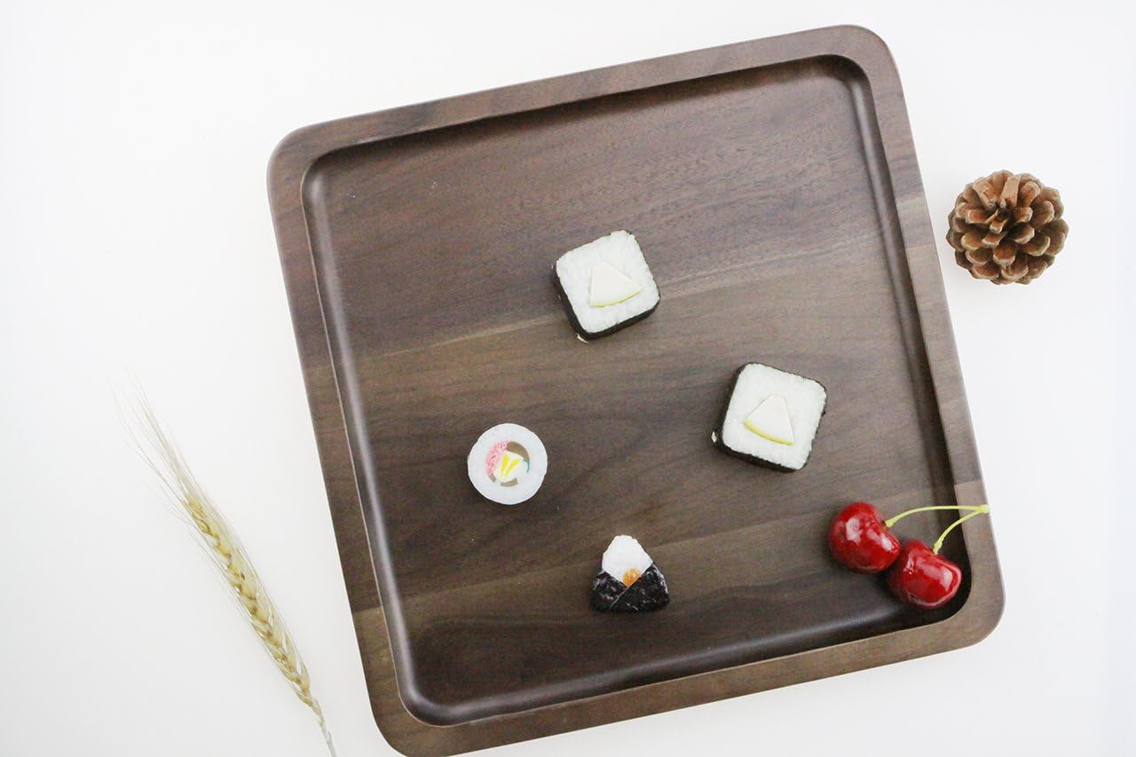 Winterworm Rustic Walnut Wooden Tray Solid Wood Serving Tray Square Rectangle Platter Tea Tray Coffee Table Tray (Large Square with Grooves（11x11x1inch）)