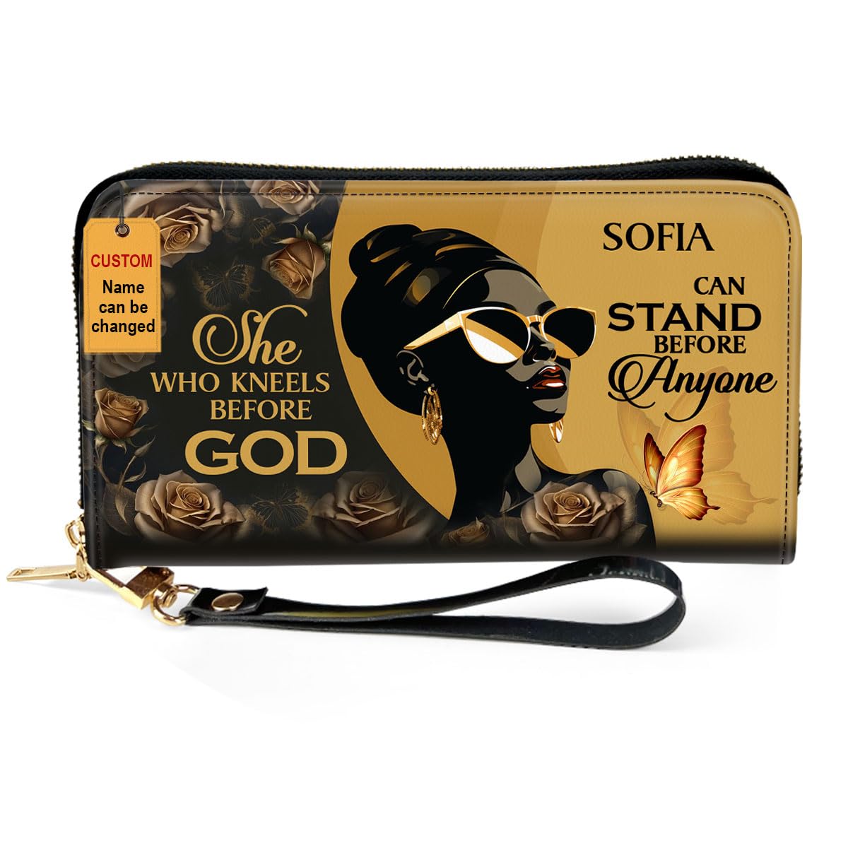 Sistabag Personalized Leather Wallet For Women - African Pride Woman Clutch Purse - Butterfly Gifts For Black Women - African Queen - Floral Art Black
